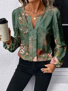 EMERY ROSE Áo sơ mi nữ tối giản, họa tiết hoa cổ điển, phù hợp cho mùa thu/đông, cổ khoét - Nhiều màu - Xem 3