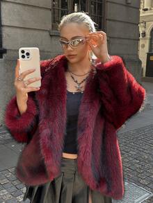 GalTyme Plus Size Women Hooded Faux Fur Jacket, Fashionable For Autumn/Winter - Red - View 6