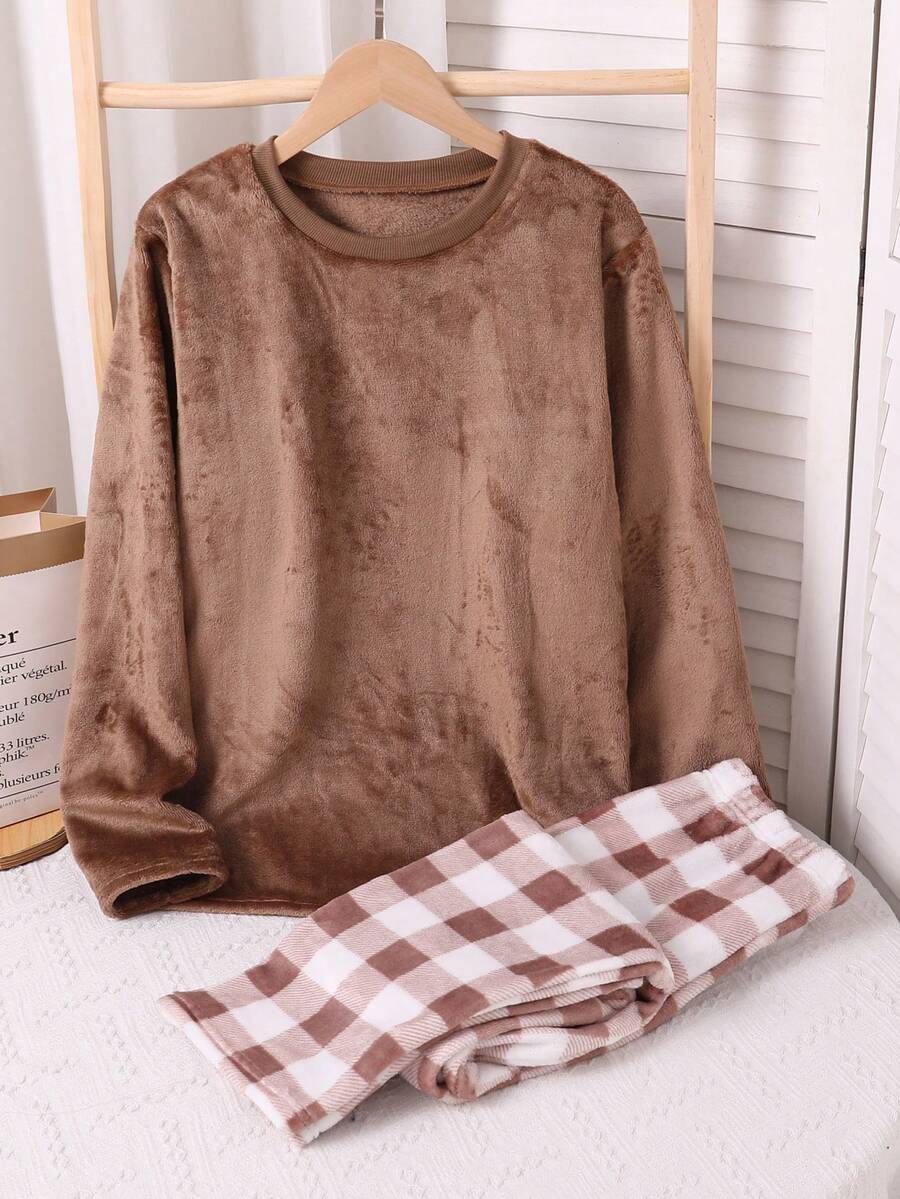 2件套青少年男童休闲格子印花长袖上衣和裤子家居服套装