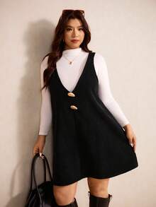 Elaquor Plus Size Women Metal Decor Elegant Suspender Dress, Autumn/Winter - Black - View 7