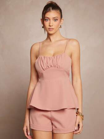 L'Amorae 纯色褶皱胸围优雅吊带背心，夏季