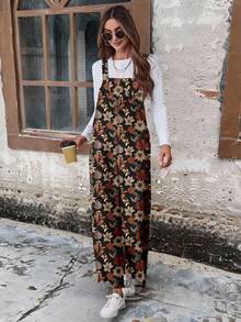 EMERY ROSE Plus Size Casual Leaf Print Loose Wide Leg Jumpsuit, Autumn