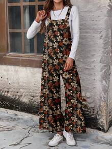 EMERY ROSE Plus Size Casual Leaf Print Loose Wide Leg Jumpsuit, Autumn