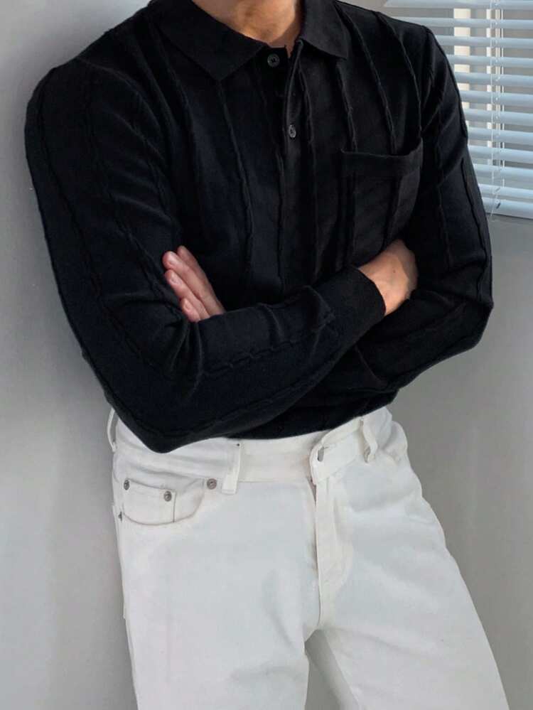 Men's Black Textured Jacquard Polo Neck Sweater, Autumn