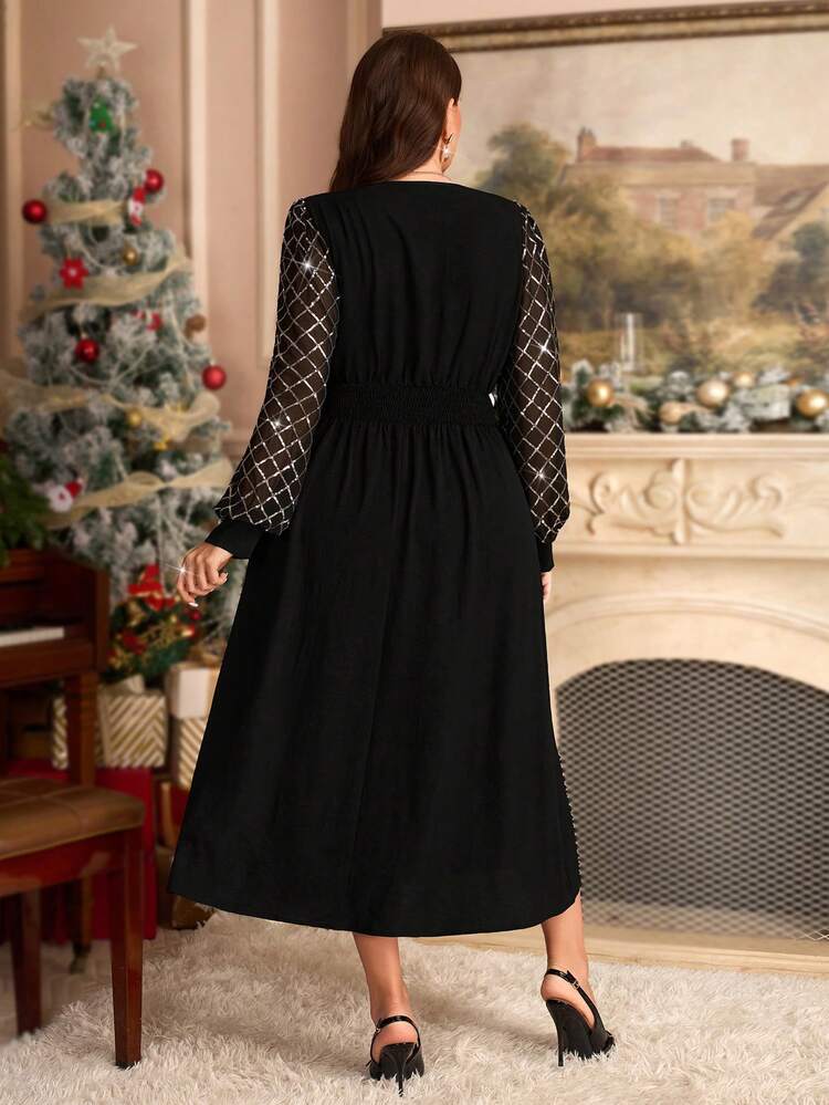 Plus Size Women's Black And Gold Elegant Formal V-Neck Long Sleeve Casual Dress,Autumn Sequin Lurex Glitter Sleeve Curve Party Christmas Clothes