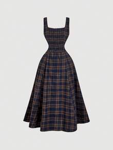 SHEIN MOD Women's Dark Blue Plaid Crew Neck,Plaid,Winter,Women's Beach Fashion ,Thanksgiving,Preppy,Office,Work Dress, Plaid Dress Women, Picnic Dress For Woman, Square Neck Dress, - Multicolor - View 2