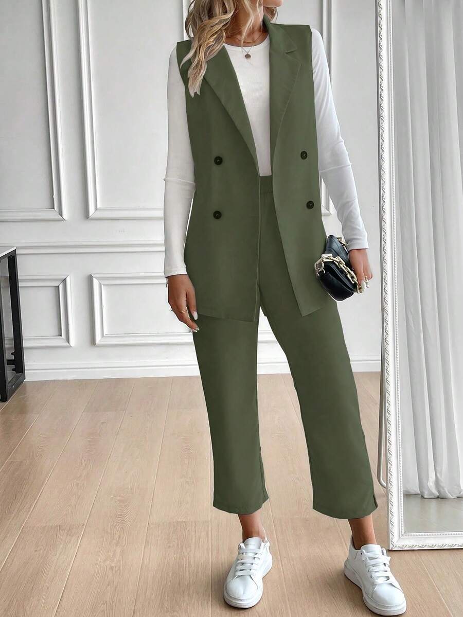 SHEIN Clasi 女式系腰长背心，简约西装套装 - 橄欖綠 - 查看 1