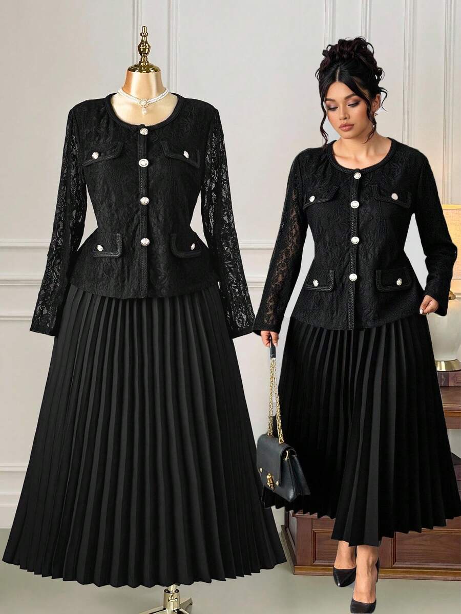 DreamSkyne Plus Size Women Lace Single-Breasted Long Sleeve Top And Pleated Midi Skirt Elegant Set - Black - View 1
