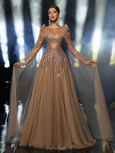 Glamrae Elegant Luxurious Beaded & Sequin Nurse Shoes Sleeve Maxi Dress, Suitable For Weddings, Parties, Vacations, Balls, Formal Occasions (Heavy Embellished) Champagne Evening Gala Dress Elegants Glamorous Dress For Gala Night Gown Gowns Glamorous Dress Champagne Evening Gown