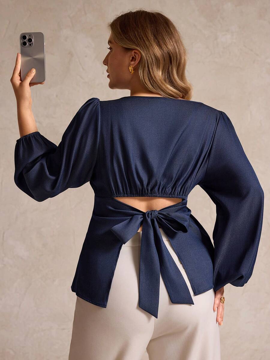 Elegantrix Plus Size Women's Autumn/Winter Casual Denim Shirt With Bowknot Back Design - Navy Blue - View 1