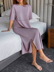 DAZY Chemise de nuit ample minimaliste pour femme, robe de nuit Moo Moo - Prune - Voir 1
