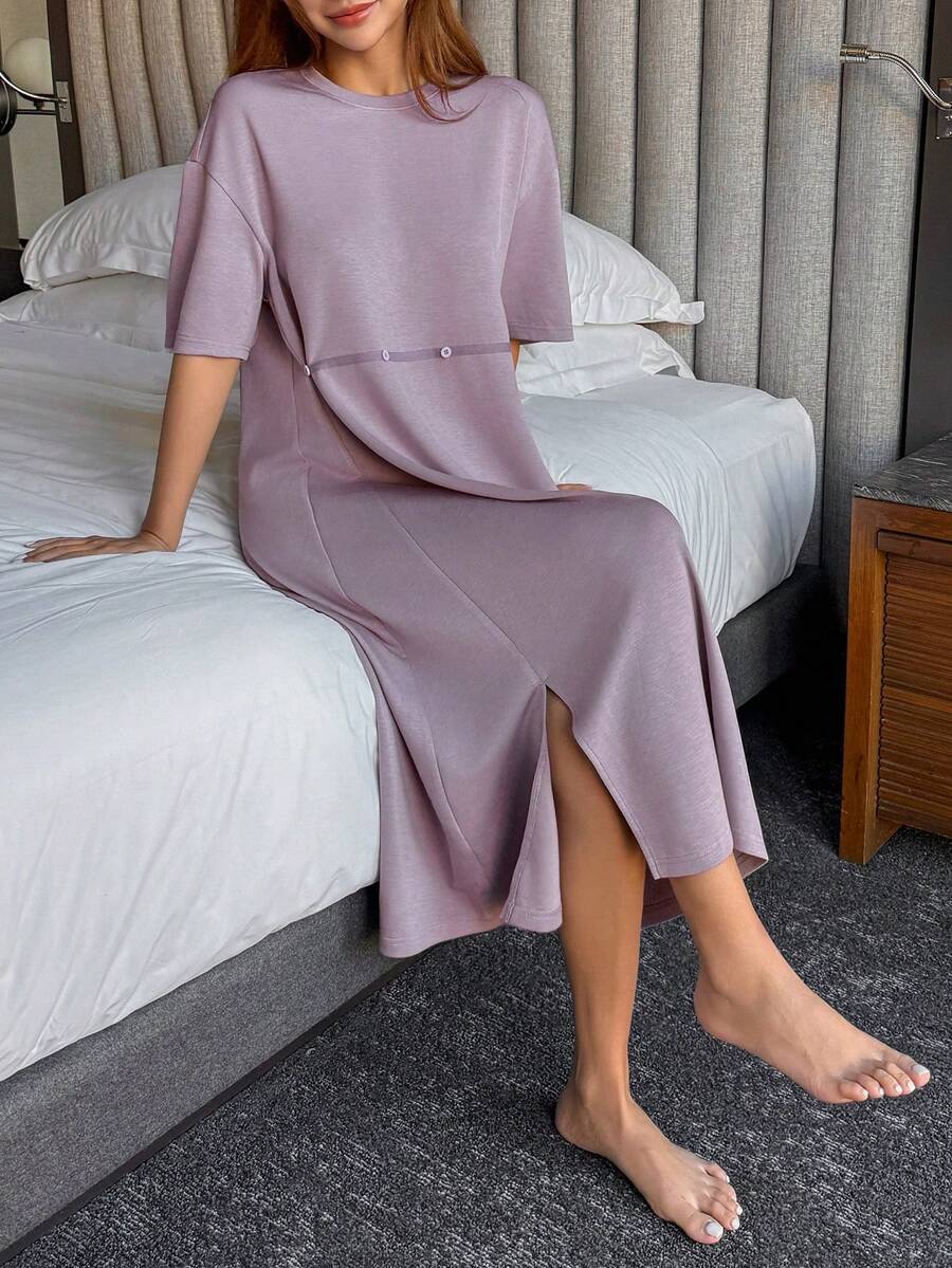 DAZY Chemise de nuit ample minimaliste pour femme, robe de nuit Moo Moo - Prune - Voir 1
