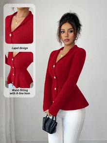SHEIN Clasi 优雅精致仿开衫深蓝色长袖毛衣，秋冬 - 紅色 - 查看 3