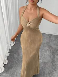 Elenzga Váy quấn màu trơn họa tiết thanh lịch cỡ lớn cho nữ, váy bó sát bodycon dây mảnh buộc eo có khóa kim loại trang trí - Màu Khaki - Xem 7