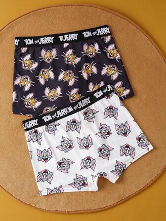 TOM & JERRY X SHEIN 2pcs Men's Black & White Contrast Letter Tape Waist All-Over Print Comfortable Trunks Graphic Boxers Funny Boxers For Men Cartoon Boxers Mens Underwear Boxer