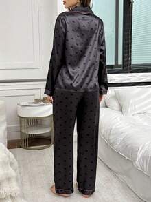 LuxeNights Valentine's Day Faux Silk Heart Print Long Sleeve Pajama Set With Lapel, Fall Winter Clothes Cozy And Elegant Details - Black - View 2
