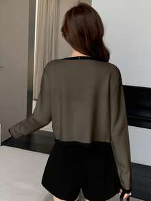 DAZY Bộ 2 áo len cardigan không tay màu tương phản thanh lịch dành cho nữ, mùa thu - Cà phê nâu - Xem 2