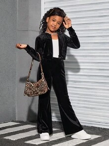 Tween Girls Black Velvet Hoodie Jacket & Flare Pants Set, Casual Sports Outfit With Rhinestone Letter Print, Suitable For Christmas - Black - View 6