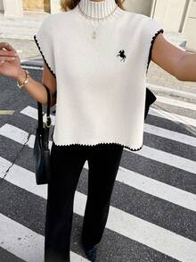 Serisse 女士撞色滚边立领侧开衩系带针织背心，秋冬季，新年，感恩节 - 杏色 - 查看 7