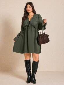 Elaquor Plus Size Casual Solid Color Lace Patchwork Dress, Autumn - Dark Green - View 3