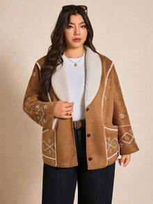 Elaquor Plus Size Women Floral Embroidered Long Sleeve Casual Thermal Lined Jacket, Autumn/Winter Fall/Winter - Camel - View 5