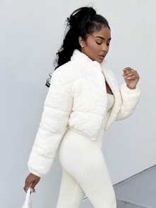 Alexandranx Women Casual Solid Color Faux Shearling Cropped Puffer Jacket, Winter - Beige - View 4