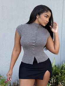 Alexandranx Women's Fall Women Outfits Solid Color Mock Neck Top Capped Sleeve Single-Breasted Casual Women Tops,Button Up Women Jersey Shirt, Fleece Sweater Top,Winter Clothes, - Dark Grey - View 4