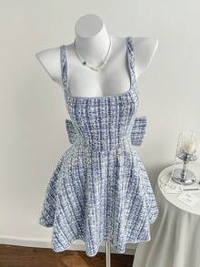 Comfortcana Women's Fall/Winter Sequin Patchwork Bowknot Decor Camisole Mini Dress Glowmode Rave Tweed Dress Concert, Elegant Dresses For Party - Blue - View 3