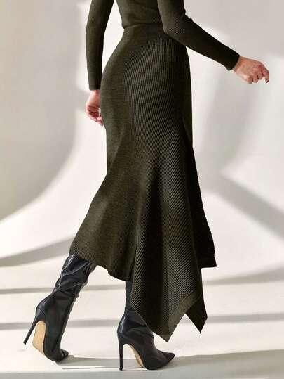 EURMUSE Smart Office Chic Asymmetrical Cut Midi Length Knitted Skirt