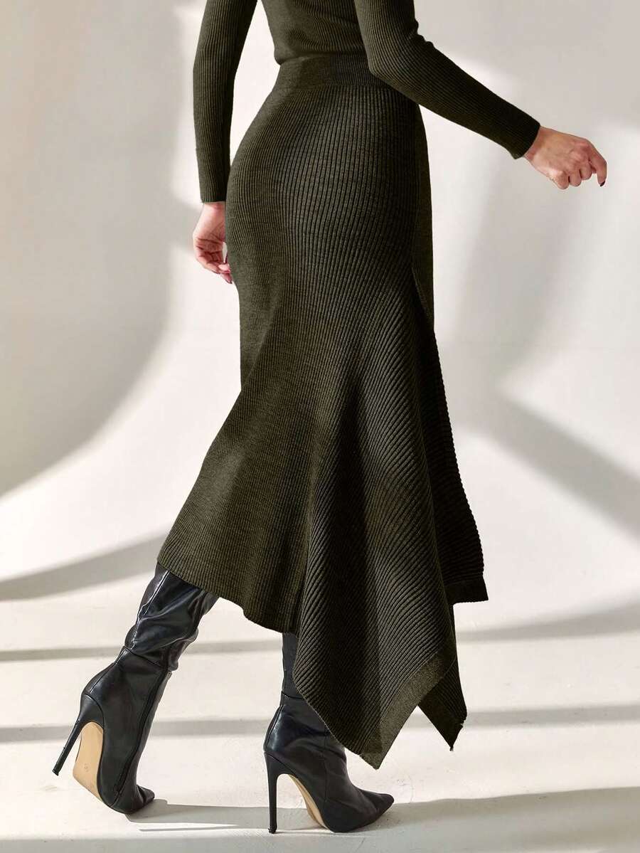 EURMUSE Smart Office Chic Asymmetrical Cut Midi Length Knitted Skirt - Army Green - View 1