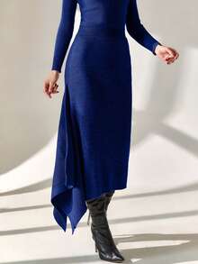 EURMUSE Smart Office Chic Asymmetrical Cut Midi Length Knitted Skirt - Royal Blue - View 3
