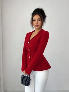 SHEIN Clasi 优雅精致仿开衫深蓝色长袖毛衣，秋冬 - 紅色 - 查看 7