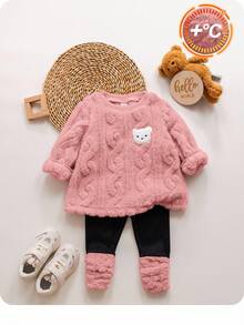 女婴可爱毛绒卡通图案保暖连帽衫套装，秋冬季