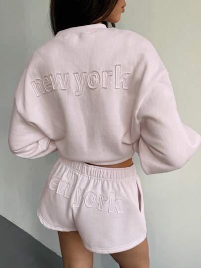 Aloruh Women's Casual Warm Round Neck New York Embroidered Letter Loose Sweatshirt, Pink, Autumn/Winter