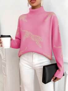 SHEIN Clasi Áo len dài tay cổ lọ hở vai họa tiết da báo dáng rộng cho nữ, mùa thu/đông - Màu Hồng Tươi - Xem 3