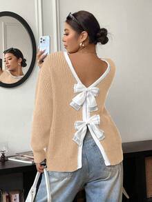 Elenzga Plus Size Women Casual Bowknot Crew Neck Long Sleeve Sweater, Autumn/Winter - Apricot - View 3