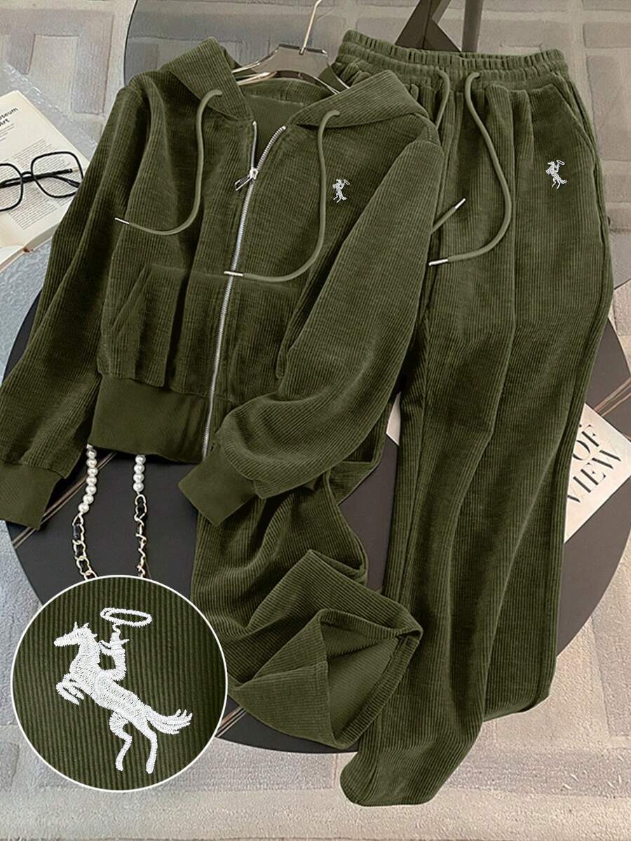 Resyla 2 件套刺绣通勤风格连帽拉链运动衫套装，送给朋友的礼物 - 橄欖綠 - 查看 1