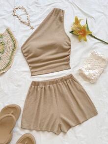 Soleia 女式纯色无袖上衣和短裤套装，夏季 - 卡其色 - 查看 4