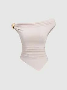 Sweetra 女夏季欧美时尚纯色三件套金属装饰扭纹下摆不对称下摆修身休闲通勤百搭T恤 - 彩色 - 查看 3