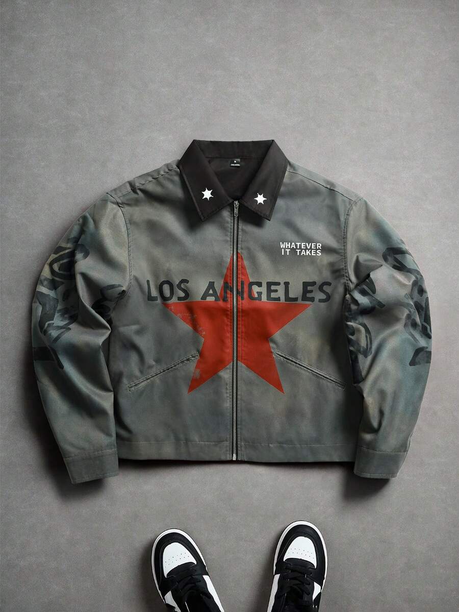 PAVTROS Men's Long Sleeve Street Style Graphic Printed Collared Zip Up Jacket, Regular Fit, Ideal For Halloween, Christmas, Daily Street Outings & Hangouts, Fashionable Streetwear Jacket, Perfect Gift For Boyfriends/Husbands On Anniversaries, For Fall, Grunge