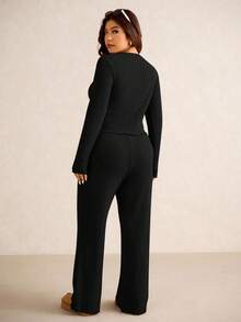 Elaquor Plus Size Women Solid Color Round Neck Long Sleeve Ribbed T-Shirt And Pants Casual 2 Pieces Set/ Spring - Black - View 3