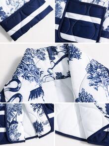 Weeklong Plus Size Women's Colorful Placement Print Contrast Trim Open Front Loose Padded Coat, Autumn/Winter - Multicolor - View 7