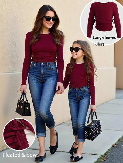  Young Girl Plain Round Neck Pleated Casual T-Shirt,SHEIN Young Tween Girls' Casual Basics Solid Color Knitted Elastic Long Sleeve Undershirt Tops Multiple Pieces, Great For Casual & Daily Wear & School Daily In Autumn & Winter, Must-Have, Versatile,Mom And Daughter Matching, Girls Heart Shirts.  Girls Long Sleeve Shirts,For Christmas.  Fall