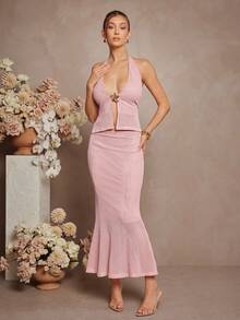 L'Amorae Solid Color Mermaid Hem Elegant Slim Fit Skirt - Pink - View 5