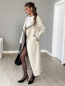SHEIN LUNE Abrigo largo con cintura ceñida, bolsillo en diagonal, contraste de bordado y corbata, estilo casual, elegante y de oficina, vintage, para otoño/invierno, ropa de mujer cálida para otoño e invierno - Albaricoque - Ver 6