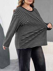 SHEIN CURVE+ Plusstorlek Casual Drop Shoulder Loose Randig T-shirt, Lämplig För Damer På Höst/Vinter - Multifärgad - Visa 6