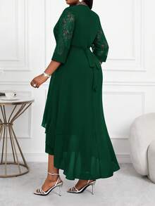 SHEIN Lady Váy midi xếp nếp nhiều lớp, tay khoét rỗng màu xanh chuyên nghiệp cho nữ, quần áo giáo viên, váy giáo viên, váy mùa thu, váy ren bốn mùa - Màu xanh lá cây đậm - Xem 2