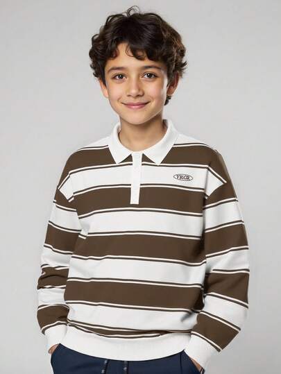 JNSQ Tween Boy Striped & Letter Print Polo Neck Pullover Sweatshirt, Suitable For Autumn/Winter Daily Wear, Outdoor Activities, Vacation, Streetwear, Party And Casual