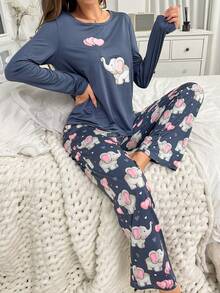Elephant & Heart Print Tee & Pants PJ Set / Pajama Set, Fall Winter Clothes - Blue - View 6