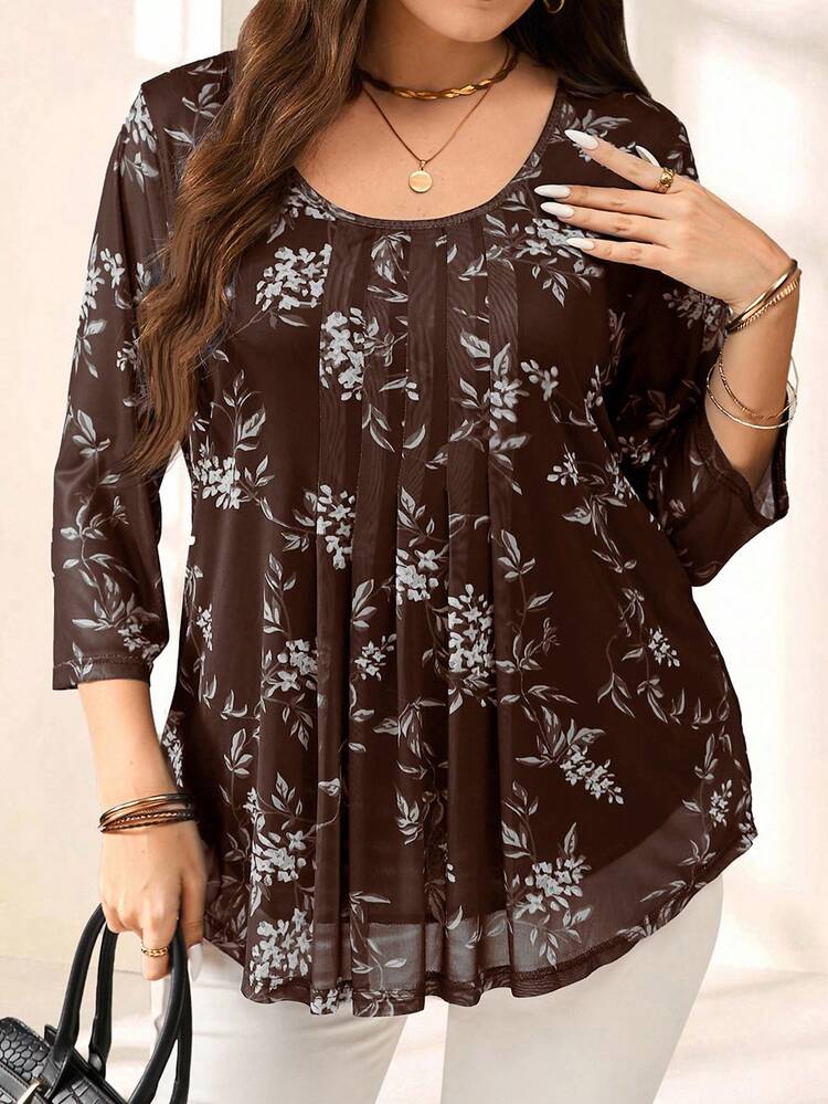 Plus Size Women's Summer Casual Vacation Country  Brown Floral Print 3/4 Sleeve Blouse Top Shirt,Summer Outfits For Women,Summer Outfits For Women ,Vacation Outfits Women ,Holiday Outfits For Women,Going Out Outfits,2026 New Clothes,Simple And Fashionable For Everyday Wear,Suitable For Summer, Vacation, Daily Wear, Festival Outfits For Women,Country Concert Outfit,Beach Outfits For Women,Going Out Tops,Brown Tulle Blouse